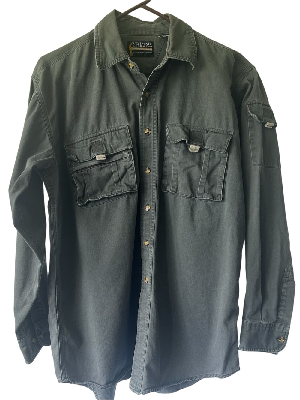 Mens Ultimate Work Wear Shirt Sz M Dark Olive Green Cargo Pockets Long Sleeves